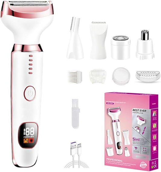 BEST EVER Rasoio elettrico 5 in 1 da donna, ricaricabile, senza fili, per braccia, gambe, corpo, viso e naso. Novità 2026🩷