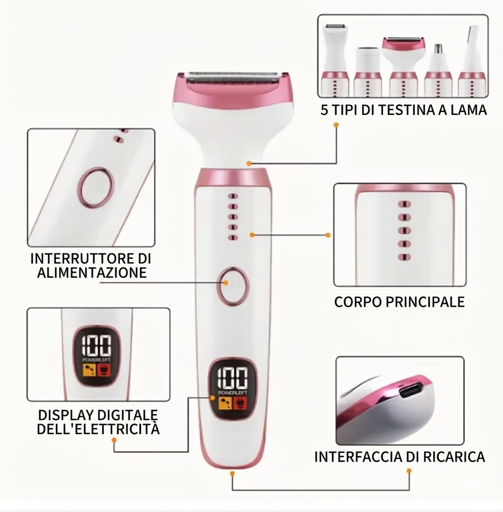 BEST EVER Rasoio elettrico 5 in 1 da donna, ricaricabile, senza fili, per braccia, gambe, corpo, viso e naso. Novità 2026🩷