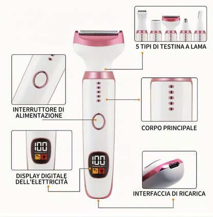BEST EVER Rasoio elettrico 5 in 1 da donna, ricaricabile, senza fili, per braccia, gambe, corpo, viso e naso. Novità 2026🩷