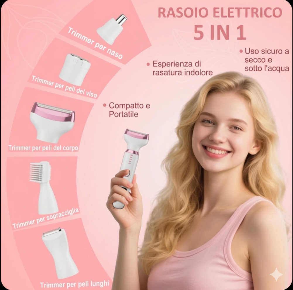 BEST EVER Rasoio elettrico 5 in 1 da donna, ricaricabile, senza fili, per braccia, gambe, corpo, viso e naso. Novità 2026🩷